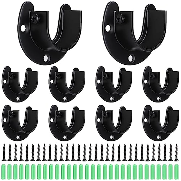 ABuff 10 Pack Stainless Steel Closet Rod Bracket, 1-1/4 Inch Closet Rod Holder, Heavy Duty Closets Rods Support Brackets, U Shaped Closets Pole Sockets Flange Rods Holder for Curtain Rodd (Black) by ABuff - Image 1