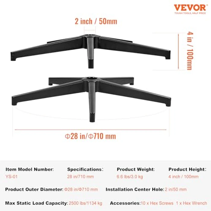 VEVOR Office Chair Base Replacement, 28", 2500 lbs Static Load Capacity, Heavy Duty Universal Computer Desk Chair Stool Base Part with Reinforced Metal Legs, Desk Chair Base Replacement Parts, Black by VEVOR - Image 7