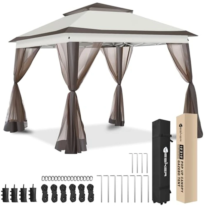 Yesker 10x10 Pop Up Canopy Tent w Mesh Netting Sidewall Vented Top - Heavy Duty Outdoor Canopy, Easy Setup Shelter Gazebo Waterproof 10x10 Popup Tnets for Patio Backyard Parties & Events, Khaki Brown by Yesker - Used - Very Good condition