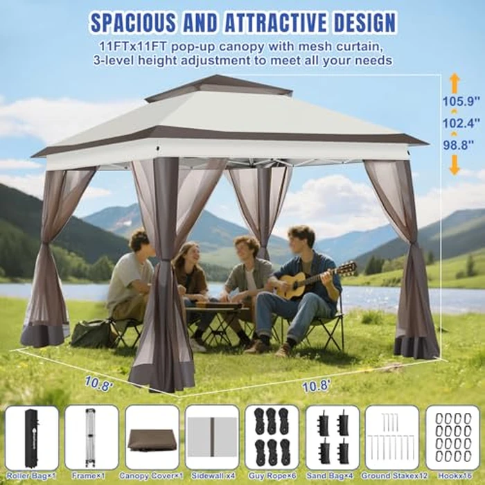 Yesker 10x10 Pop Up Canopy Tent w Mesh Netting Sidewall Vented Top - Heavy Duty Outdoor Canopy, Easy Setup Shelter Gazebo Waterproof 10x10 Popup Tnets for Patio Backyard Parties & Events, Khaki Brown by Yesker - Image 2