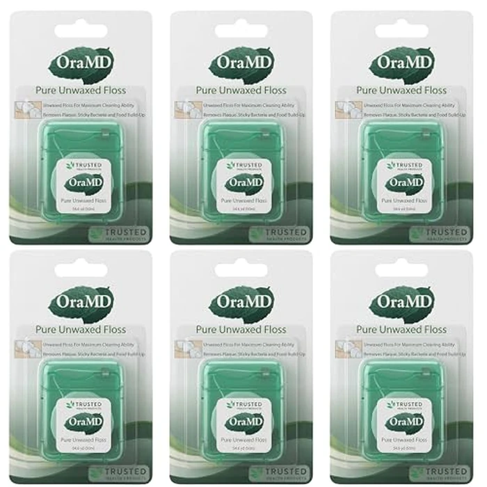OraMD Oral Care Pure Unwaxed Dental Floss 54.6 Yards - PFAS-Free, Chemical Free, Shred Resistant - Unscented and Ultraclean Plaque Removal - Teeth and Gum Protection for Adults - Pack of 6 by OraMD - Image 1