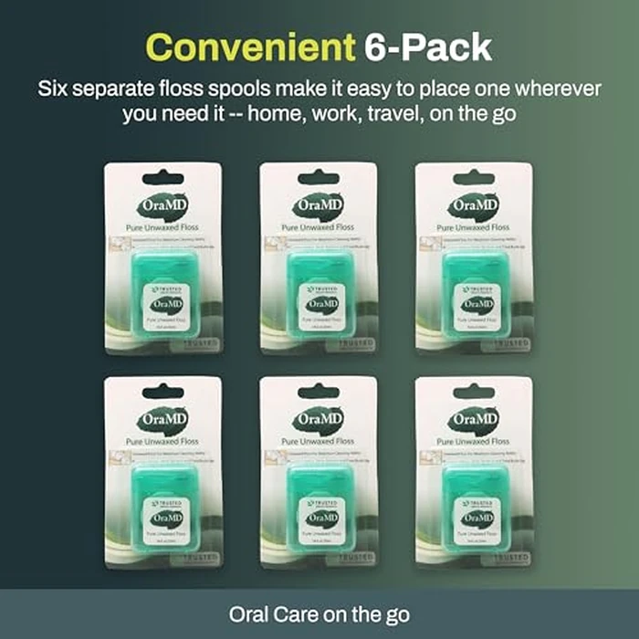 OraMD Oral Care Pure Unwaxed Dental Floss 54.6 Yards - PFAS-Free, Chemical Free, Shred Resistant - Unscented and Ultraclean Plaque Removal - Teeth and Gum Protection for Adults - Pack of 6 by OraMD - Image 7