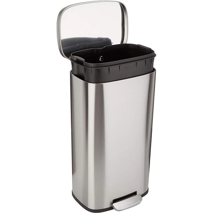 Amazon Basics Smudge Resistant Rectangular Trash Can with Soft-Close Lid, Foot Pedal, Removable Inner Bucket, 30 Liter/7.9 Gallon, Brushed Stainless Steel, Satin Nickel Finish, 13.8"L x 11.8"W x 25"H by Amazon Basics - Used - Very Good condition - US$51.97