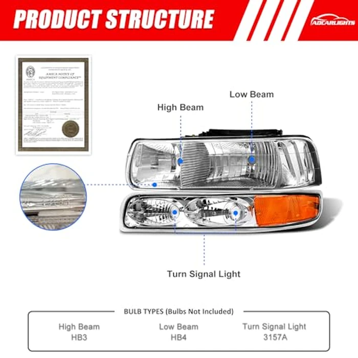 ADCARLIGHTS Headlight Assembly for 1999 2000 2001 2002 Chevy Silverado 1500 2500/1500HD 2500HD 3500/2000-2006 Tahoe/Suburban Chrome Housing Amber Reflector Pair（W/O Bulbs） by ADCARLIGHTS - Image 2