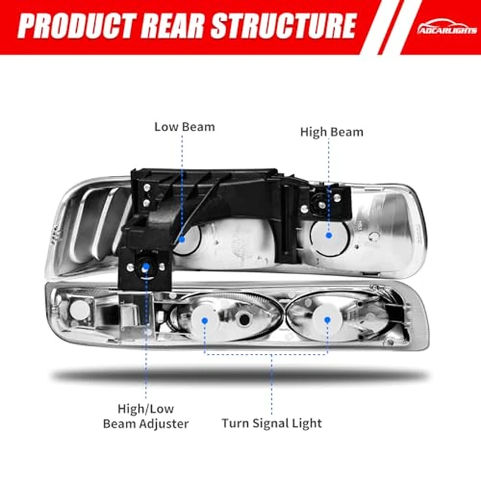 ADCARLIGHTS Headlight Assembly for 1999 2000 2001 2002 Chevy Silverado 1500 2500/1500HD 2500HD 3500/2000-2006 Tahoe/Suburban Chrome Housing Amber Reflector Pair（W/O Bulbs） by ADCARLIGHTS - Image 3