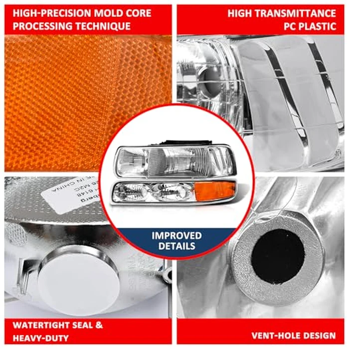 ADCARLIGHTS Headlight Assembly for 1999 2000 2001 2002 Chevy Silverado 1500 2500/1500HD 2500HD 3500/2000-2006 Tahoe/Suburban Chrome Housing Amber Reflector Pair（W/O Bulbs） by ADCARLIGHTS - Image 5