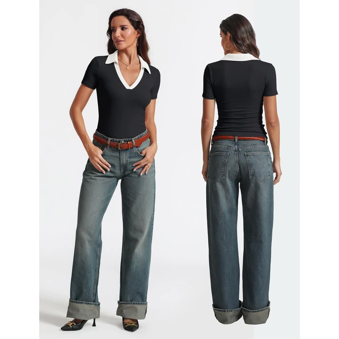 Meetrendi Womens Short Sleeve Business Casual Tops Summer V Neck Polo Work Shirts 2025 Fitted Basic Collared Shirt by Meetrendi - Image 4