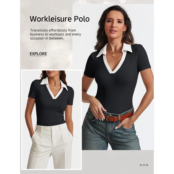 Meetrendi Womens Short Sleeve Business Casual Tops Summer V Neck Polo Work Shirts 2025 Fitted Basic Collared Shirt by Meetrendi - Image 7