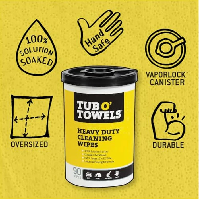 Tub O' Towels TW90 Heavy-Duty 10" x 12" Size Multi-Surface Cleaning Wipes, (10" x 12" wipes) Per Canister, Pack of 1, 90 Count Total by Tub O' Towels - Used - Like New condition - US$13.86