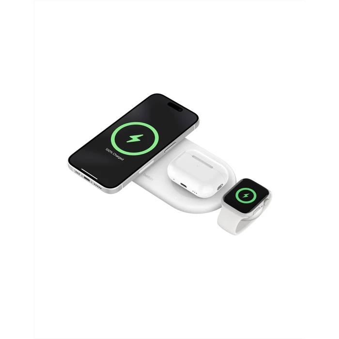 Belkin 3-in-1 MagSafe-Compatible Wireless Charging Pad with Qi2 15W - iPhone Charger - Fast Charging Wireless Charging Station for iPhone 16, 15, & 14 Series, AirPods, Apple Watch, & More - White by Belkin - Used - Like New condition