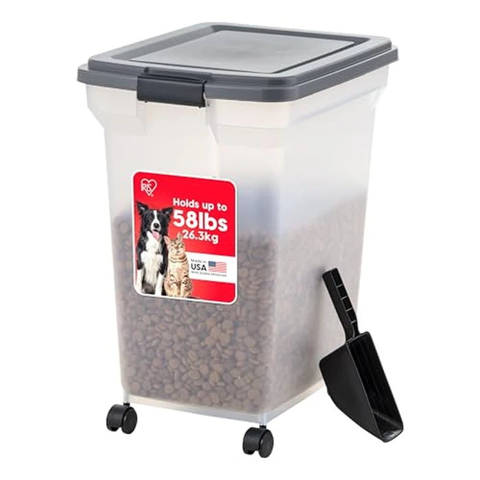 IRIS USA Dog Food Storage Container 58 lbs, Attachable Wheels, & Included Scoop, for Dog Cat Birds and other Pets, Food Storage Bin, Keep Fresh, Easy Mobility, BPA Free - Made in the USA, Dark Gray by IRIS USA - Used - Acceptable condition