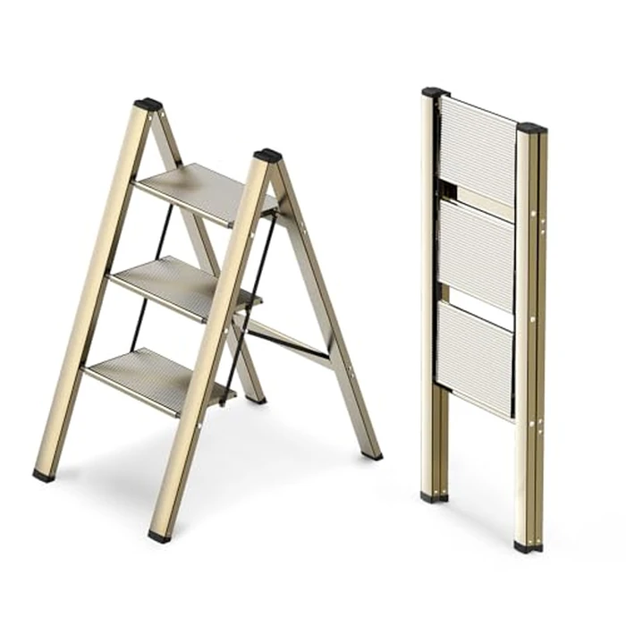 WOA WOA 3 Step Ladder, Foldable Step Stool, Aluminum Lightweight Ladder for Home Kitchen Closet, Anti-Slip Pedals, Ease of Folding, Portable, 300lbs Capacity - Gold by WOA WOA - Used - Very Good condition