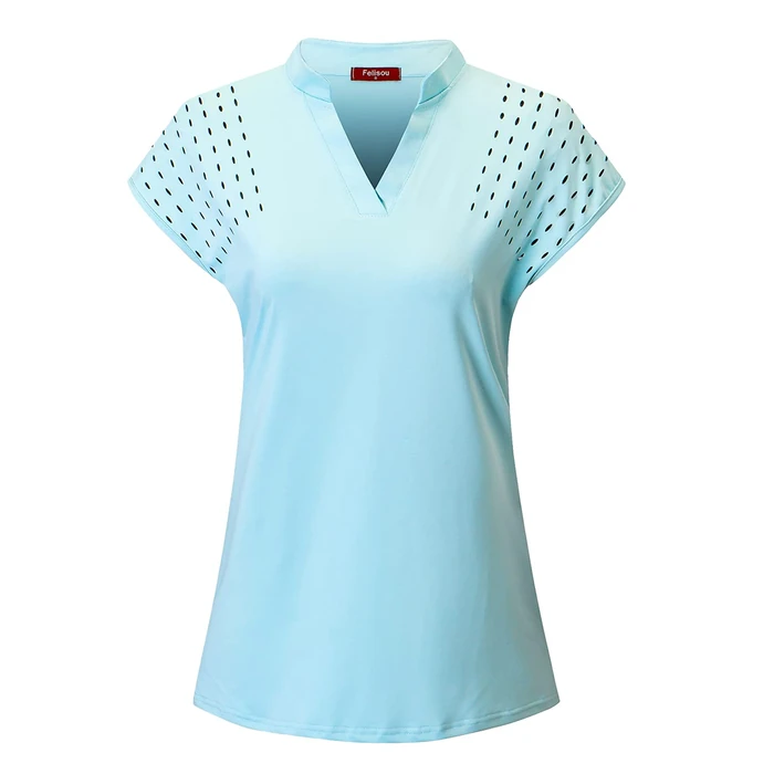 Felisou V Neck Polo T-Shirt for Women - Athletic, Stretchy, Skin-Friendly, Short Sleeve, Light Blue, S by Felisou - Image 1