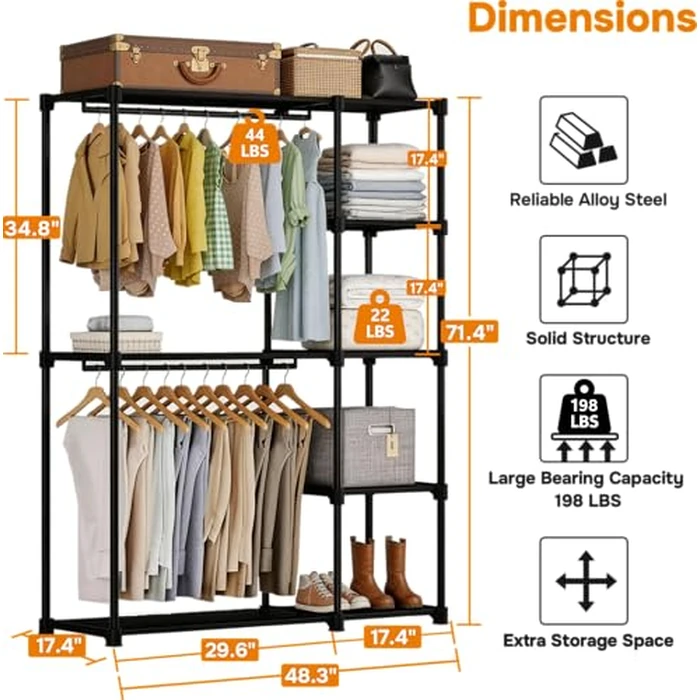 Simple Deluxe Clothes Rack, Heavy Duty Clothing Rack, 4-Shelf Portable Adjustable Wardrobe Closet with Hanging Rods, 48.4" W x 15.7" D x 71.6" H, Black by Simple Deluxe - Used - Very Good condition - US$42.30
