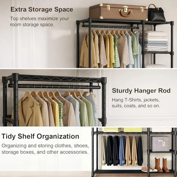 Simple Deluxe Clothes Rack, Heavy Duty Clothing Rack, 4-Shelf Portable Adjustable Wardrobe Closet with Hanging Rods, 48.4" W x 15.7" D x 71.6" H, Black by Simple Deluxe - Image 4