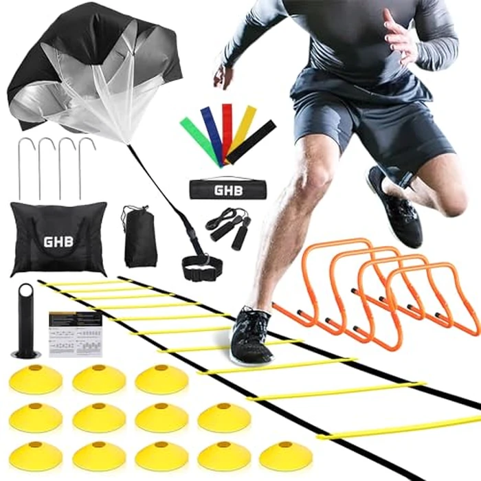 GHB Agility Ladder,Football Training Equipment Set,4 Agility Hurdles, 20 feet12 Rungs Speed Ladder,12 Disc Cones,Resistance Parachute, Jump Rope, 4 Resistance Bands (Yellow) by GHB - Used - Like New condition - US$37.99