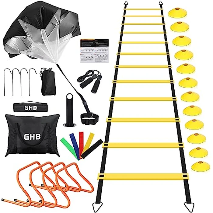 GHB Agility Ladder,Football Training Equipment Set,4 Agility Hurdles, 20 feet12 Rungs Speed Ladder,12 Disc Cones,Resistance Parachute, Jump Rope, 4 Resistance Bands (Yellow) by GHB - Image 3