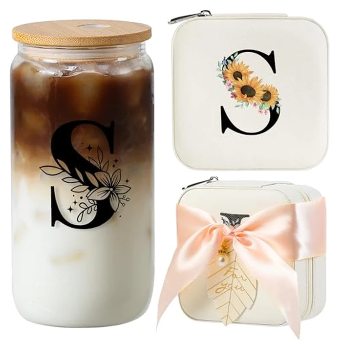 AYGXU Initial glass cups with lids and straws,personalized gifts for women,iced coffee cups,small jewelry box,travel jewelry case organizer,small jewelry travel case,Initial S white by AYGXU - Used - Like New condition