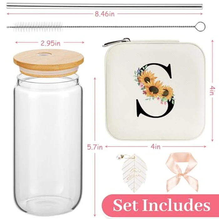 AYGXU Initial glass cups with lids and straws,personalized gifts for women,iced coffee cups,small jewelry box,travel jewelry case organizer,small jewelry travel case,Initial S white by AYGXU - Image 2