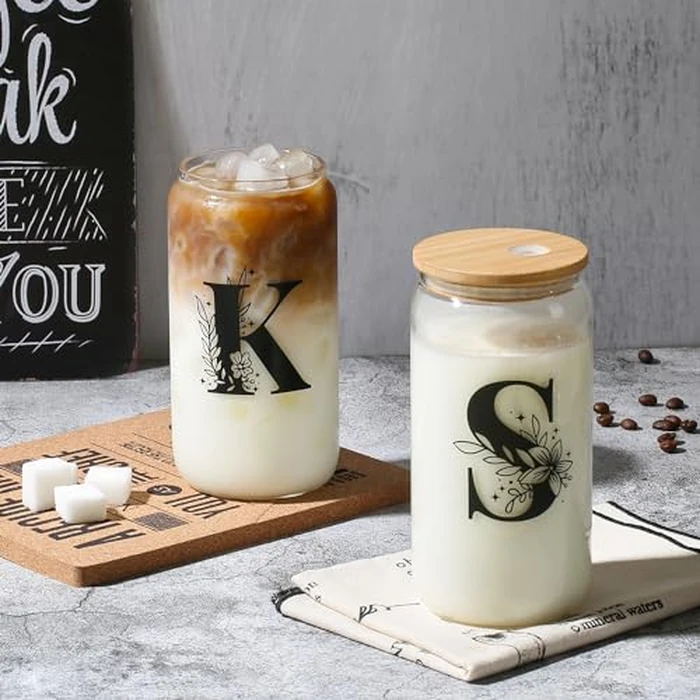 AYGXU Initial glass cups with lids and straws,personalized gifts for women,iced coffee cups,small jewelry box,travel jewelry case organizer,small jewelry travel case,Initial S white by AYGXU - Image 4