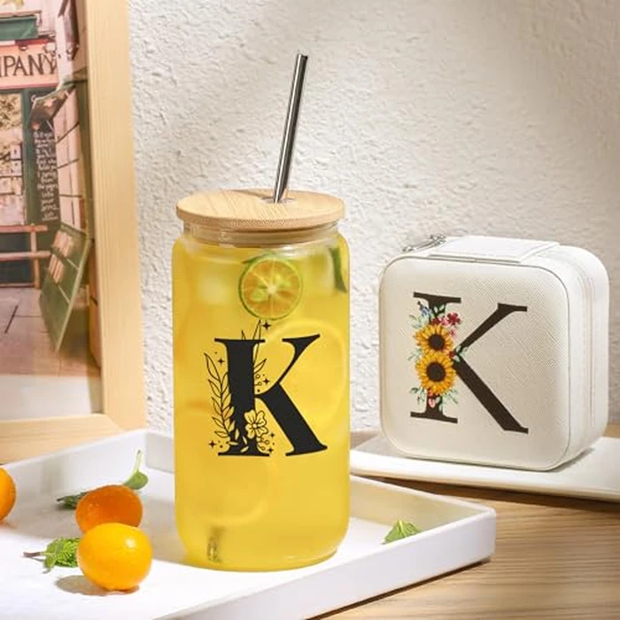 AYGXU Initial glass cups with lids and straws,personalized gifts for women,iced coffee cups,small jewelry box,travel jewelry case organizer,small jewelry travel case,Initial S white by AYGXU - Image 6