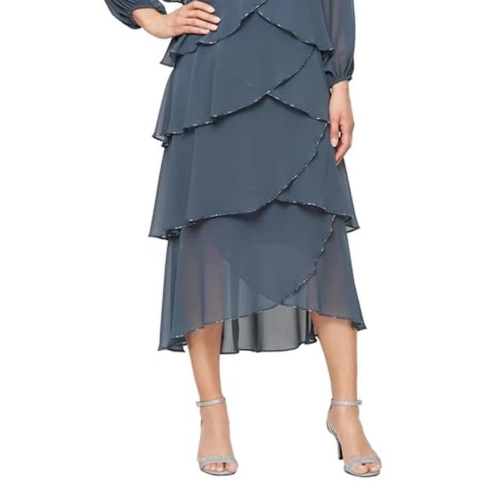 S.L. Fashions Women's Short Tulip Sleeve Tiered Chiffon Cocktail Dress, Wedding Guest Gown (Petite and Regular Sizes) by S.L. Fashions - Image 3