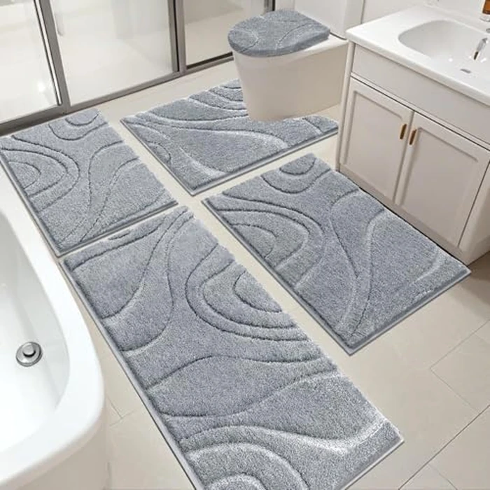 HEBE Bathroom Rugs Sets 5 Piece, Soft Absorbent Microfiber Bath Mat for Bathroom, Non Slip Washable Bath Rug Set with Toilet Cover, Bath Runner and U-Shaped Contour Toilet Rug, Light Grey by HEBE RUGS - Used - Very Good condition