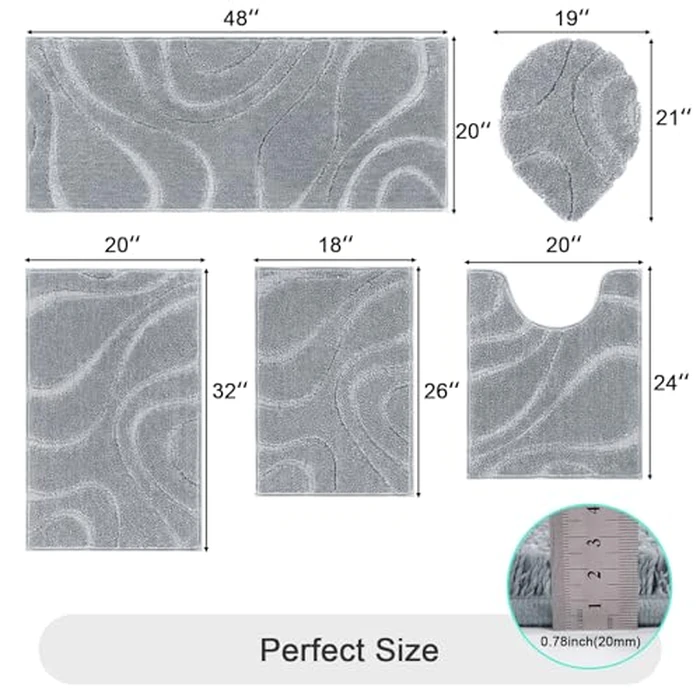 HEBE Bathroom Rugs Sets 5 Piece, Soft Absorbent Microfiber Bath Mat for Bathroom, Non Slip Washable Bath Rug Set with Toilet Cover, Bath Runner and U-Shaped Contour Toilet Rug, Light Grey by HEBE RUGS - Image 2