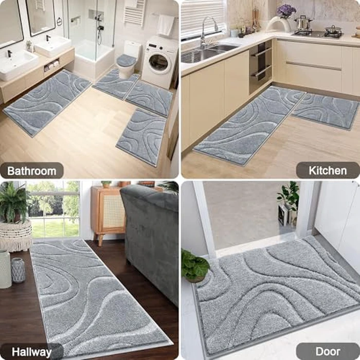 HEBE Bathroom Rugs Sets 5 Piece, Soft Absorbent Microfiber Bath Mat for Bathroom, Non Slip Washable Bath Rug Set with Toilet Cover, Bath Runner and U-Shaped Contour Toilet Rug, Light Grey by HEBE RUGS - Image 8