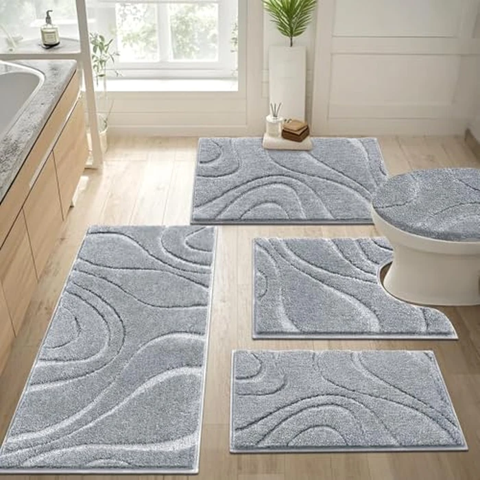 HEBE Bathroom Rugs Sets 5 Piece, Soft Absorbent Microfiber Bath Mat for Bathroom, Non Slip Washable Bath Rug Set with Toilet Cover, Bath Runner and U-Shaped Contour Toilet Rug, Light Grey by HEBE RUGS - Image 9