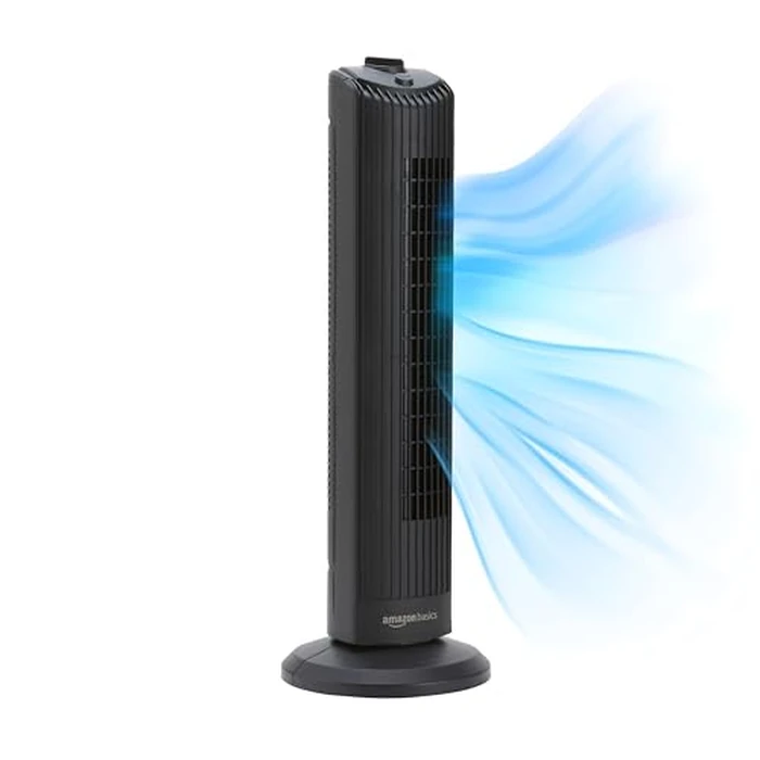 Amazon Basics 28" 60-Degree Oscillating Tower Fan for Bedroom, Living Room, Office, with 3 Speeds, Intuitive Mechanical Control, Black, 35W, 27.8" H x 9.4" D x 9.4" W by Amazon Basics - Used - Good condition - CA$54.49