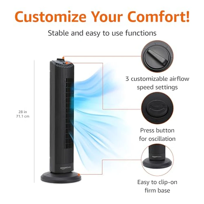 Amazon Basics 28" 60-Degree Oscillating Tower Fan for Bedroom, Living Room, Office, with 3 Speeds, Intuitive Mechanical Control, Black, 35W, 27.8" H x 9.4" D x 9.4" W by Amazon Basics - Image 2