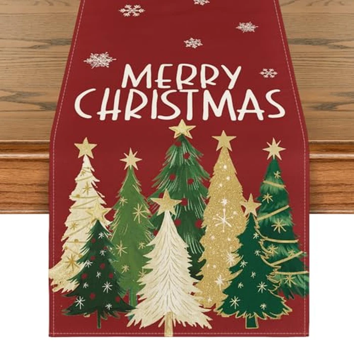 Artoid Mode Xmas Trees Snowflakes Red 210 GSM Merry Christmas Table Runner, Winter Kitchen Dining Table Decoration for Home Party Decor 13x90 Inch by Artoid Mode - Image 1