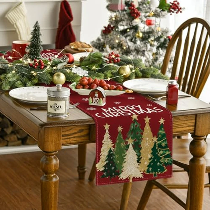 Artoid Mode Xmas Trees Snowflakes Red 210 GSM Merry Christmas Table Runner, Winter Kitchen Dining Table Decoration for Home Party Decor 13x90 Inch by Artoid Mode - Image 2
