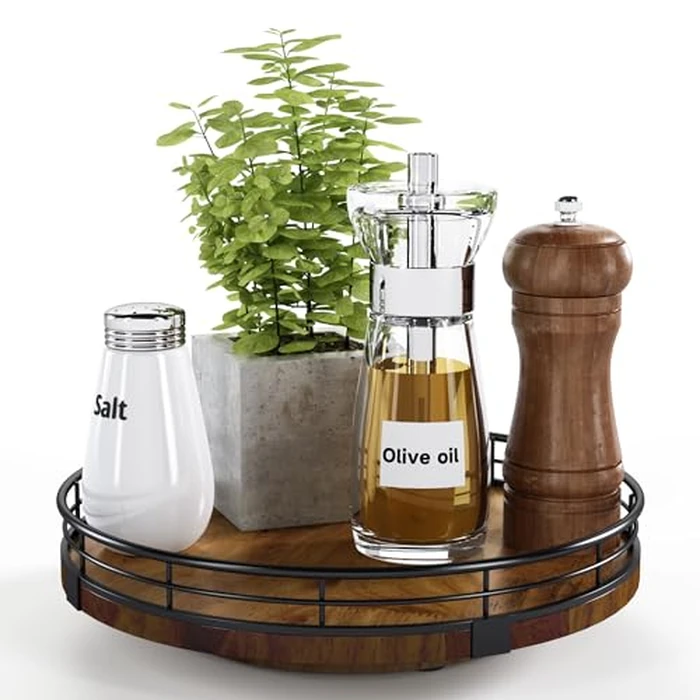 Farmhouse Oak 9" Lazy Susan Turntable Organizer for Cabinet, Round Wooden Lazy Susan Organization and Storage for Dining Table, Pantry, Kitchen, Countertop, Cupboard,Home Decor, Walnut Wood by AMH - Used - Like New condition