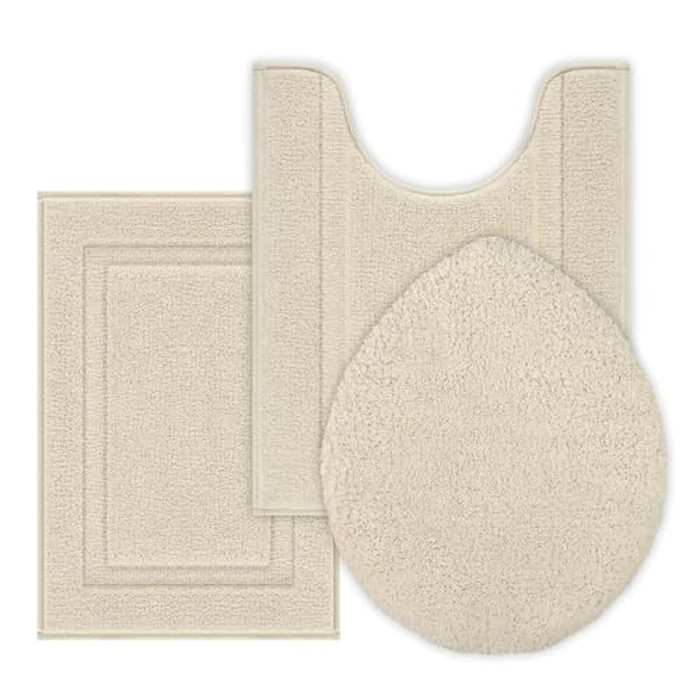 SHACOS Microfiber Bathroom Rugs Set of 3 with Toilet Lid Cover Non Slip Washable Bath Mat Absorbent Bathroom Carpet 16"x24"+U Shape Toilet Rug 20"x24"+Toilet Lid Cover 19"x21", Light Beige by SHACOS - Used - Very Good condition - US$21.63