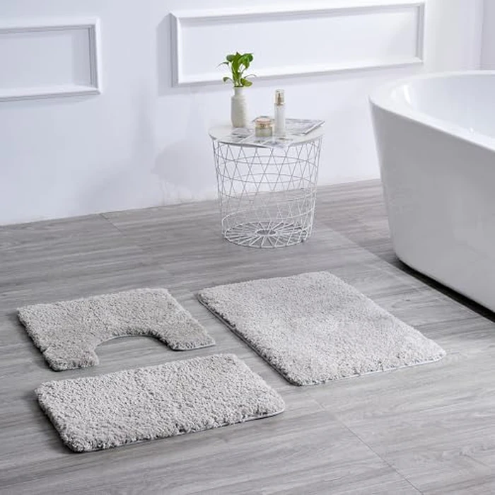 3 Pieces Luxury Bathroom Rug Set with U-Shaped Toilet Rug, Non-Slip Rubber Bottom, Thick Microfiber Fluffy Plush, Water absorption, Quick Dry, Ultra Soft, Bath Mats for Bathroom, Tub(Light Grey) by WCBSTT - Image 2