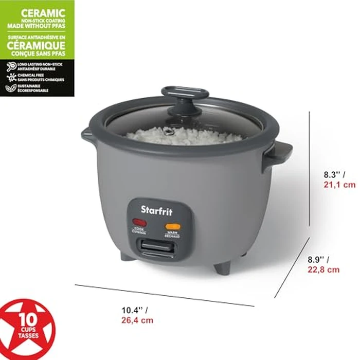 Starfrit Electric Rice Cooker - 10 Cups - Ceramic Non-Stick Coating without PFAS - Steamer Basket, Measuring Cup & Service Spoon - 400W - Grey by Starfrit - Image 3