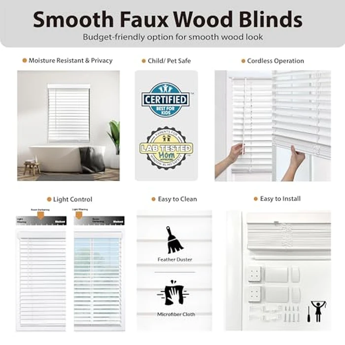 DEZ FURNISHINGS Cordless 2" Smooth Faux Wood Blind, 20" W x 48" H, Smooth White by DEZ Furnishings - Image 3