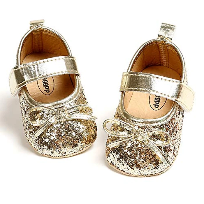 SOFMUO Baby Girls Mary Jane Flats Soft Sole Infant Moccasins Floral Sparkly Toddler Princess Wedding Party Holiday Dress Shoes(Gold,6-12 Months) by SOFMUO - Image 1
