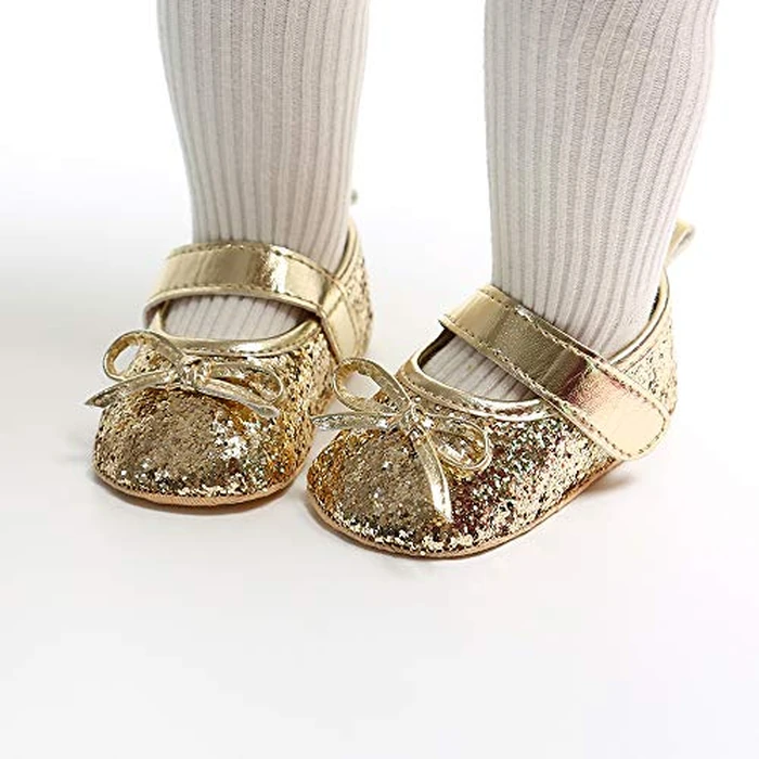SOFMUO Baby Girls Mary Jane Flats Soft Sole Infant Moccasins Floral Sparkly Toddler Princess Wedding Party Holiday Dress Shoes(Gold,6-12 Months) by SOFMUO - Image 2