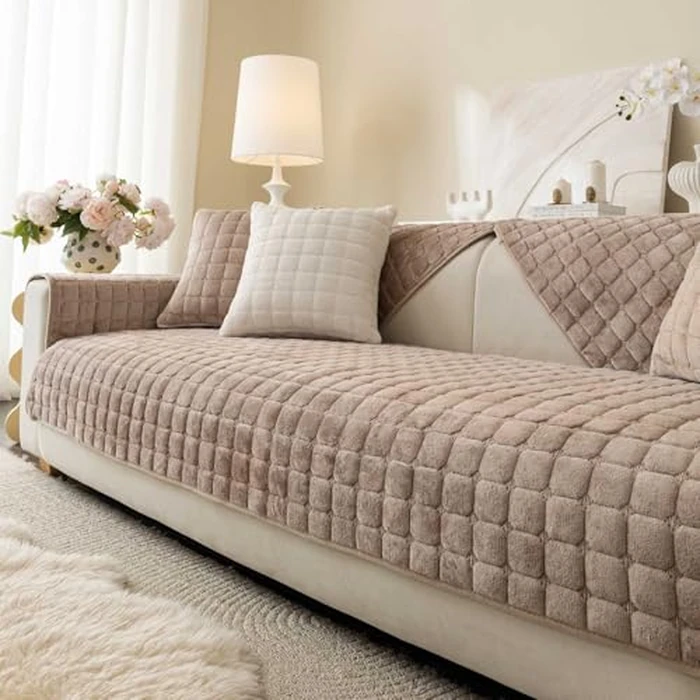 Aucrovee Velvet Washable Couch Cover for Pets Dogs, Non Slip Sectional Sofa Covers for 3 Cushion Couch Sofa L Sharped Sofa Arm Slipcover, Furniture Protector Covers(1 PCS 36"x36" Khaki) by Aucrovee - Used - Very Good condition