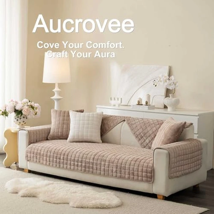 Aucrovee Velvet Washable Couch Cover for Pets Dogs, Non Slip Sectional Sofa Covers for 3 Cushion Couch Sofa L Sharped Sofa Arm Slipcover, Furniture Protector Covers(1 PCS 36"x36" Khaki) by Aucrovee - Image 3