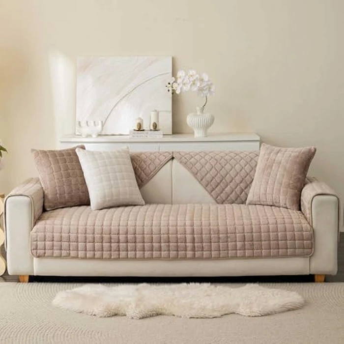 Aucrovee Velvet Washable Couch Cover for Pets Dogs, Non Slip Sectional Sofa Covers for 3 Cushion Couch Sofa L Sharped Sofa Arm Slipcover, Furniture Protector Covers(1 PCS 36"x36" Khaki) by Aucrovee - Image 6