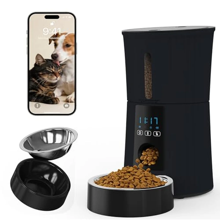 NEWBULIG Automatic Cat Feeder, 4L Timed Pet Feeders with 10s Voice Recorder, Dog Food Dispenser with APP Control, Dry Food, 10 Meals, Programmable 50 Portions, Dual Power Supply, Desiccant Bag by NEWBULIG - Image 1