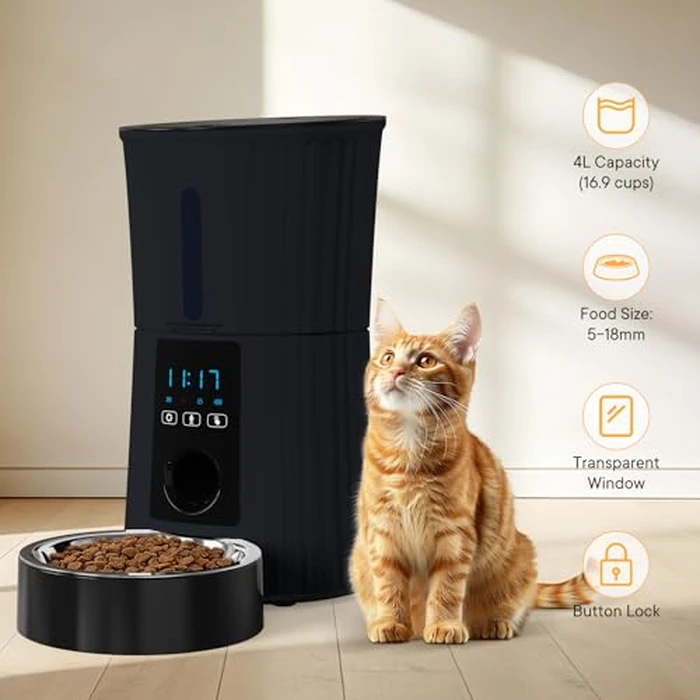 NEWBULIG Automatic Cat Feeder, 4L Timed Pet Feeders with 10s Voice Recorder, Dog Food Dispenser with APP Control, Dry Food, 10 Meals, Programmable 50 Portions, Dual Power Supply, Desiccant Bag by NEWBULIG - Image 4
