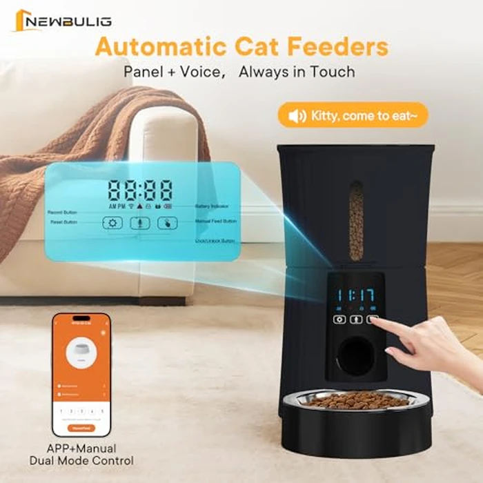 NEWBULIG Automatic Cat Feeder, 4L Timed Pet Feeders with 10s Voice Recorder, Dog Food Dispenser with APP Control, Dry Food, 10 Meals, Programmable 50 Portions, Dual Power Supply, Desiccant Bag by NEWBULIG - Image 7