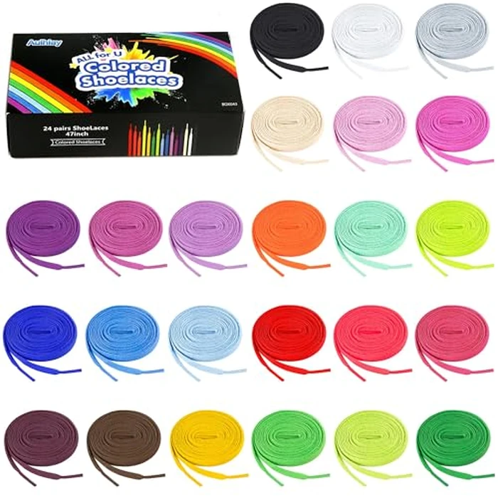 Auihiay 24 Pairs 45 inches Colored Shoelaces, Flat Shoe Laces, Multipack Shoestrings for Sneakers, Skates, Casual Shoes, Canvas Shoes, Boots, Great Replacement Shoelaces(24 Colors) by Auihiay - Image 1
