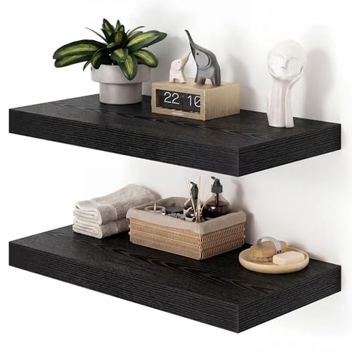 Heimlove 12" Deep Floating Shelves for Wall, 24" x 12" Inch Wooden Shelf Set of 2, Wall Mounted Shelves for Books Living Room Laundry Room Bedroom Kitchen Home Office Decor (Black) by Heimlove - Image 1