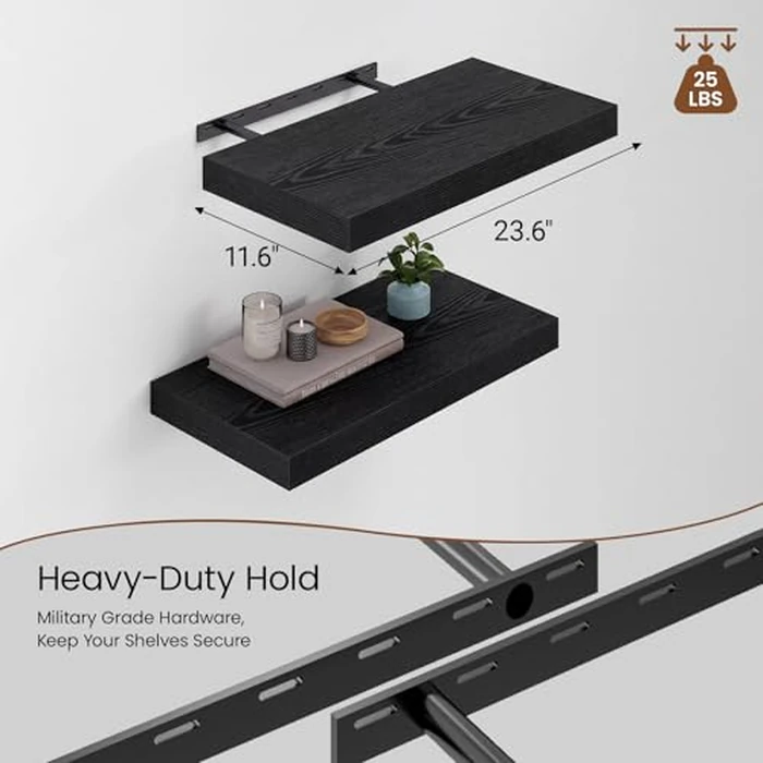 Heimlove 12" Deep Floating Shelves for Wall, 24" x 12" Inch Wooden Shelf Set of 2, Wall Mounted Shelves for Books Living Room Laundry Room Bedroom Kitchen Home Office Decor (Black) by Heimlove - Image 3